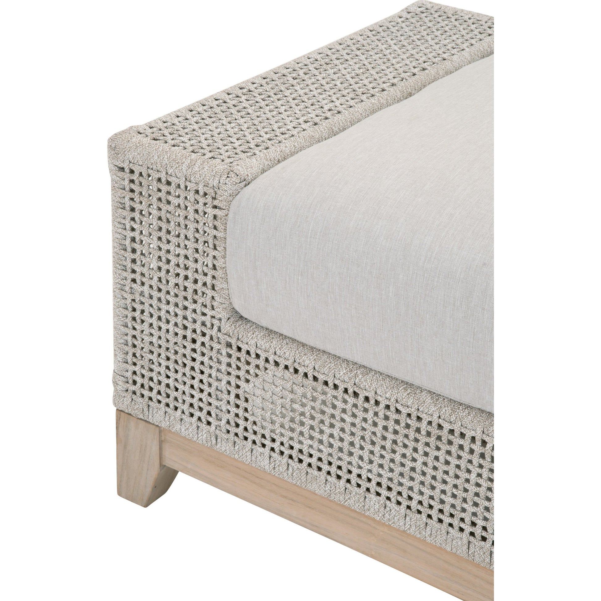 Indian Ottoman by Essentials For Living in taupe, white flat rope, pumice, gray teak. Made from solid teak wood, aluminum, polyolefin rope, 100% olefin fabric, foam in a coastal style.