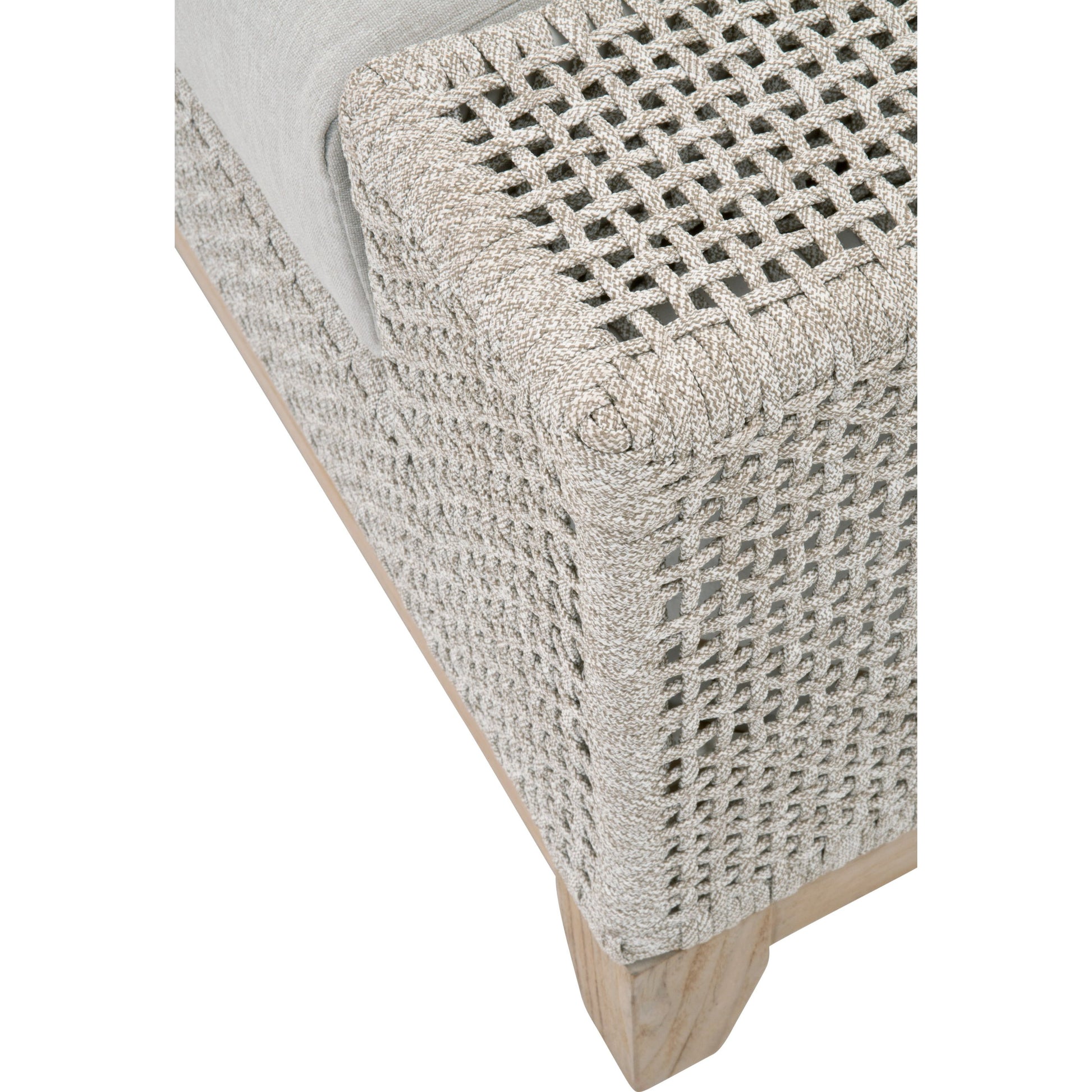 Indian Ottoman by Essentials For Living in taupe, white flat rope, pumice, gray teak. Made from solid teak wood, aluminum, polyolefin rope, 100% olefin fabric, foam in a coastal style.