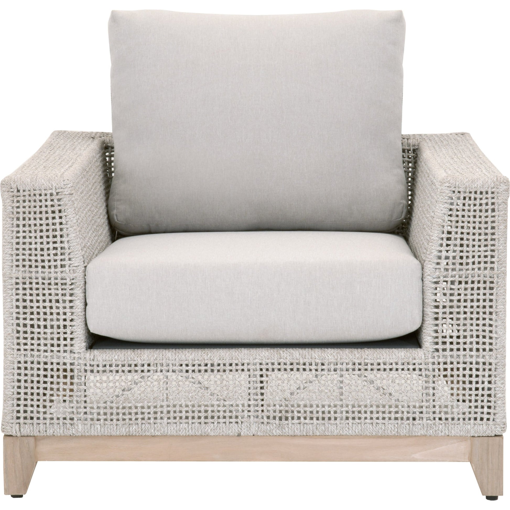 Tropez Sofa Chair by Essentials For Living in gray, taupe, white, pumice. Made from solid teak, aluminum, rope, 100% olefin in a coastal style.