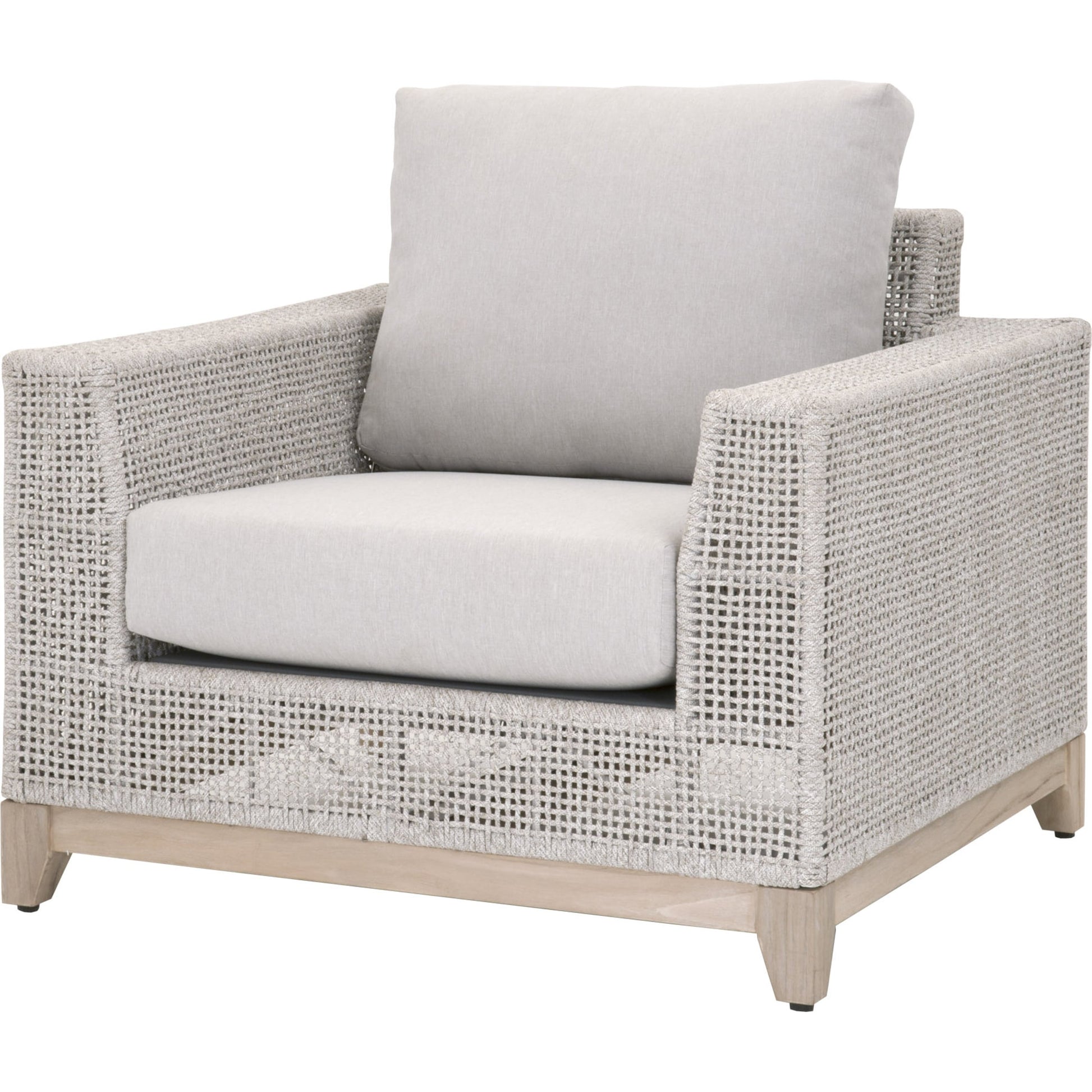 Tropez Sofa Chair by Essentials For Living in gray, taupe, white, pumice. Made from solid teak, aluminum, rope, 100% olefin in a coastal style.