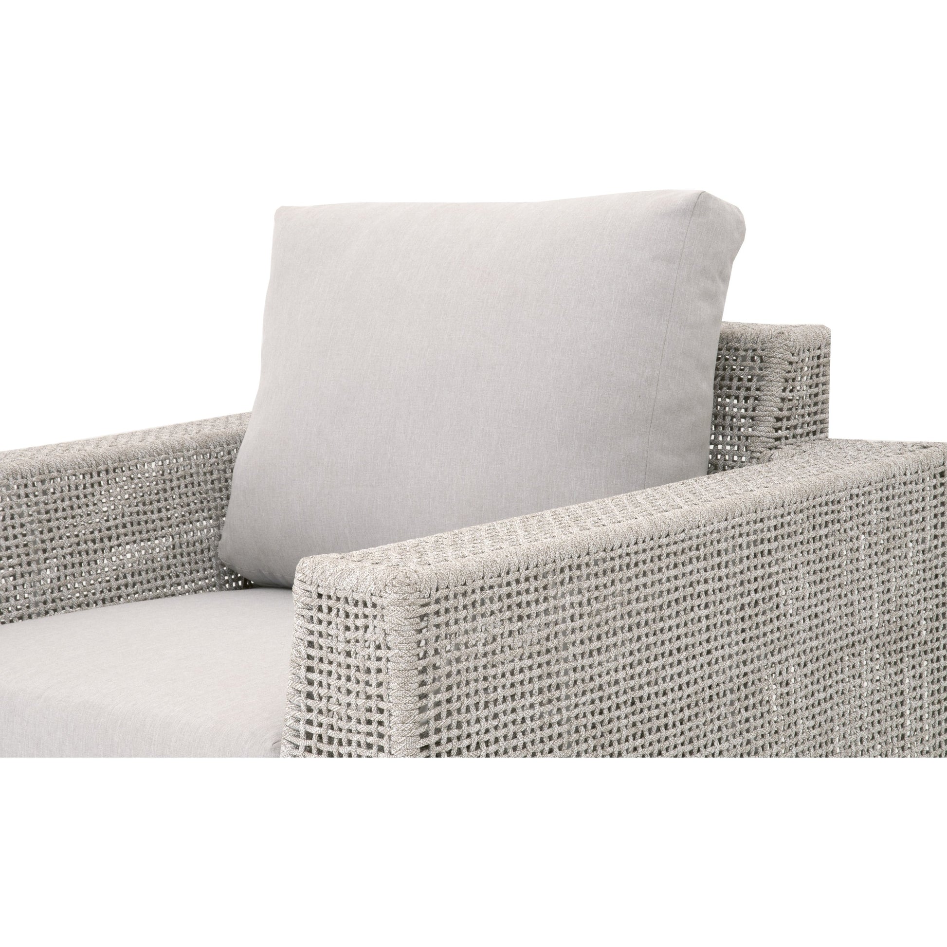 Tropez Sofa Chair by Essentials For Living in gray, taupe, white, pumice. Made from solid teak, aluminum, rope, 100% olefin in a coastal style.