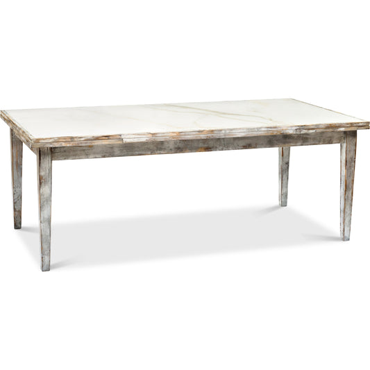 Rectangular Extension Dining Table by Sarreid Ltd. in natural and grey oak finish porcelain top. Made from beechwood, porcelain in a cottage & farmhouse style.