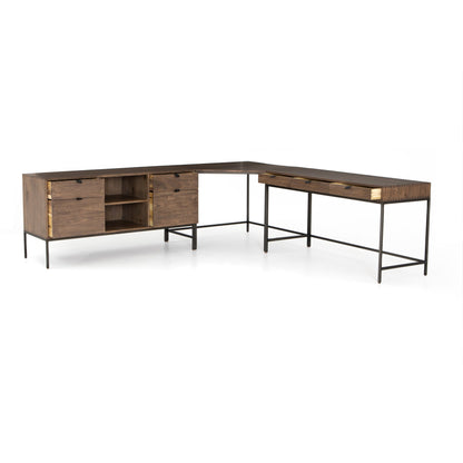 Trey Desk System with Filing Credenza by Four Hands. Made from solid poplar, top grain leather, iron in a modern style.