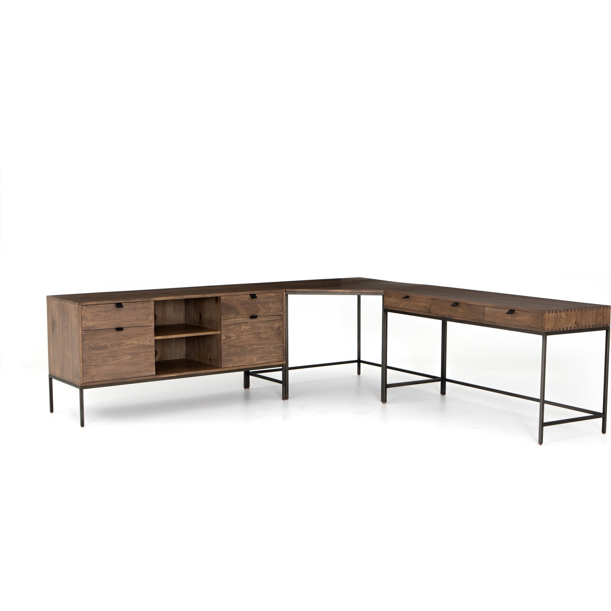 Trey Desk System with Filing Credenza by Four Hands. Made from solid poplar, top grain leather, iron in a modern style.