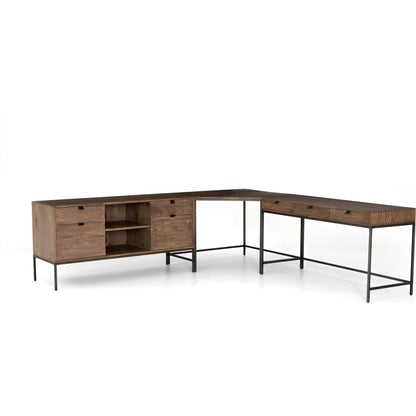 Trey Desk System with Filing Credenza by Four Hands. Made from solid poplar, top grain leather, iron in a modern style.