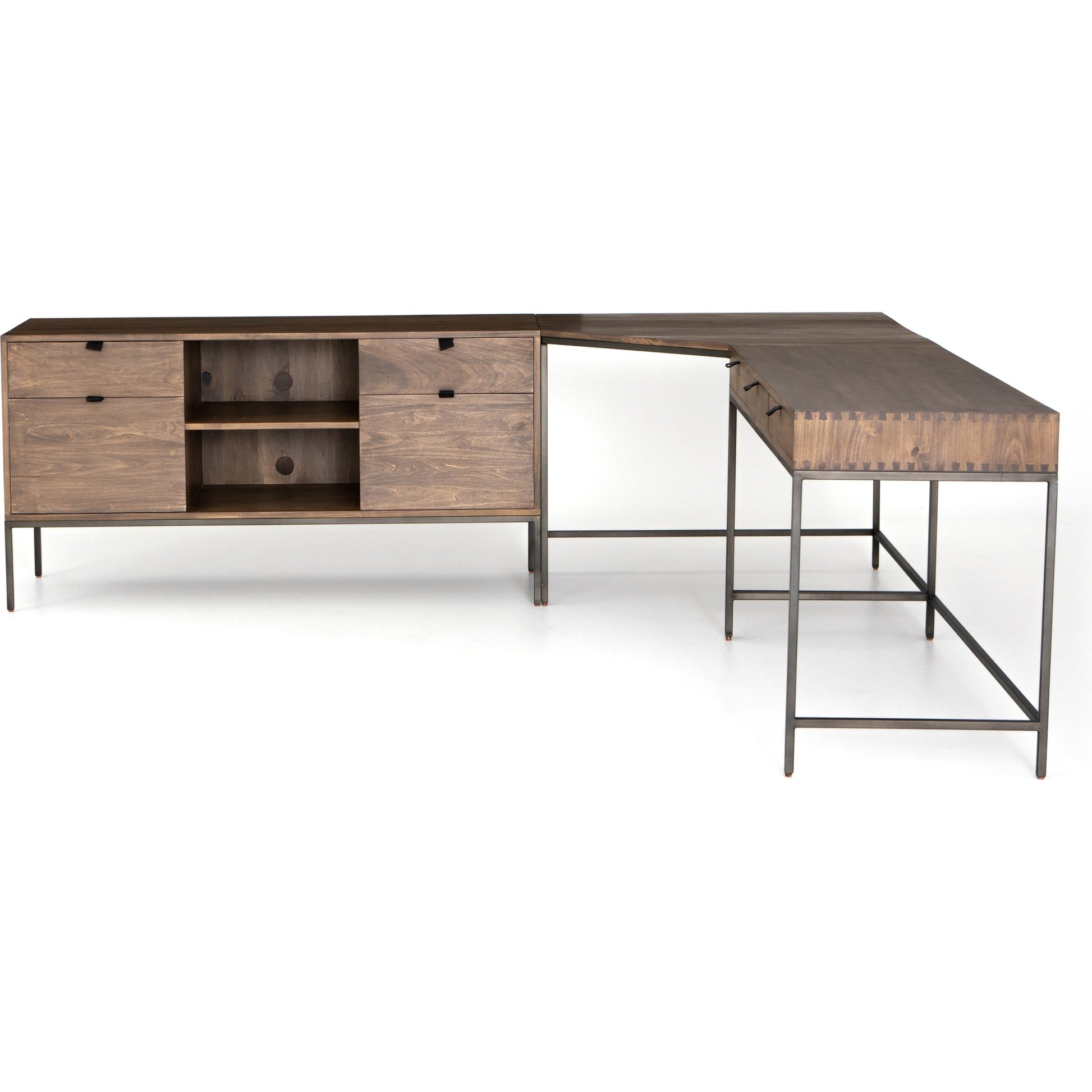 Trey Desk System with Filing Credenza by Four Hands. Made from solid poplar, top grain leather, iron in a modern style.