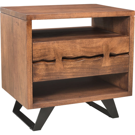 Madagascar 1 Drawer Nightstand by Moe's Home Collection in brown and matt lacquer, oil-based stain. Made from solid acacia wood, steel legs, wood in a modern style.