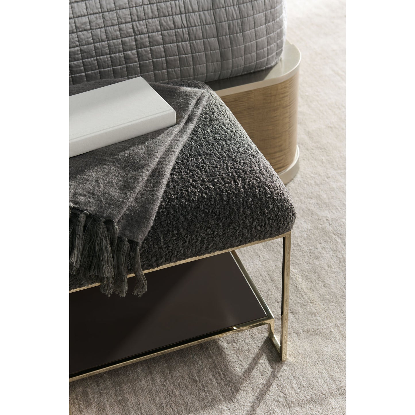 003 SR-769163 | Closeup | Thoroughly Modern Ottoman by Caracole in natural. Made from birch, plated stainless steel in a transitional style.