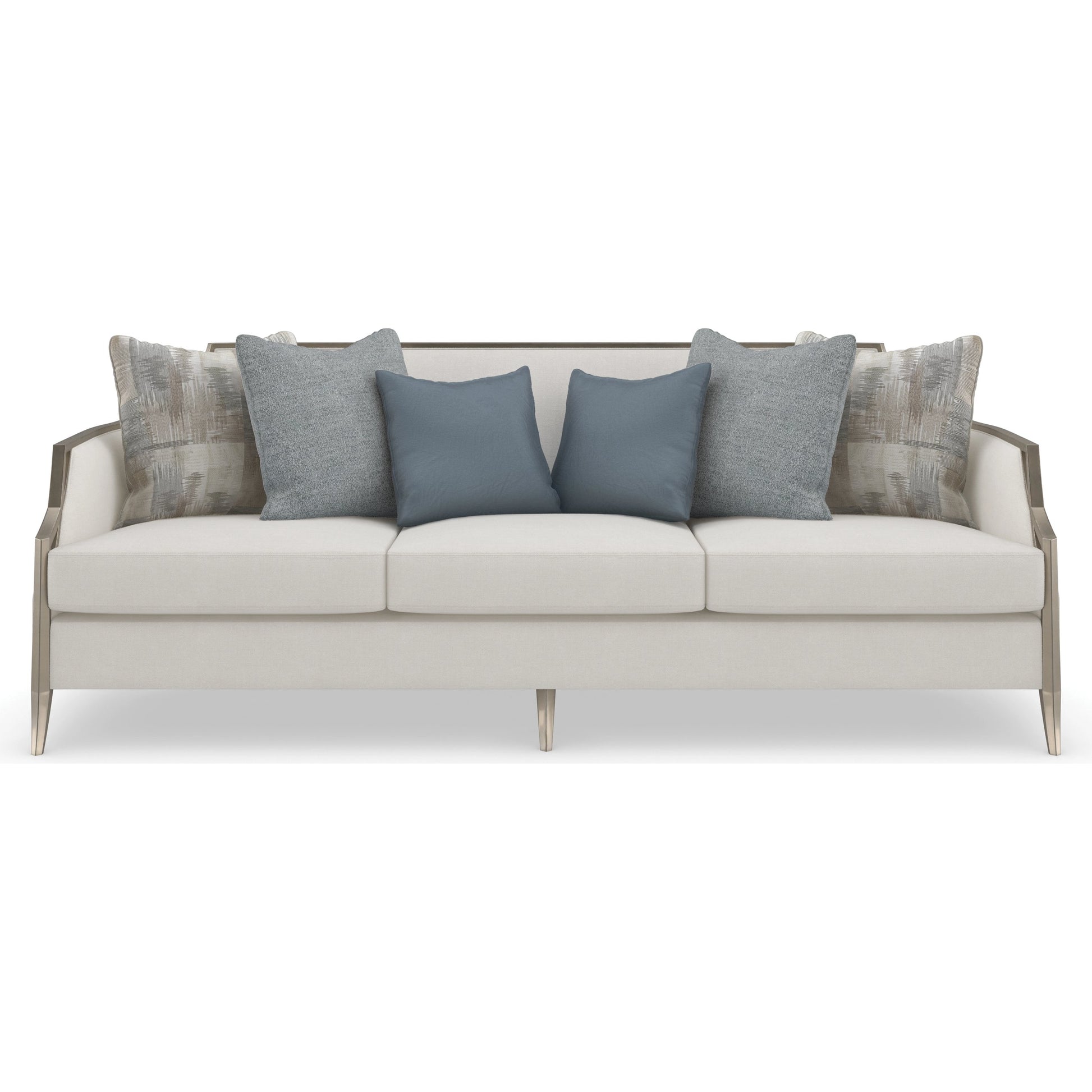 X Factor Sofa by Caracole in charcoal, blue, silver and charcoal leaf. Made from birch in a modern style.