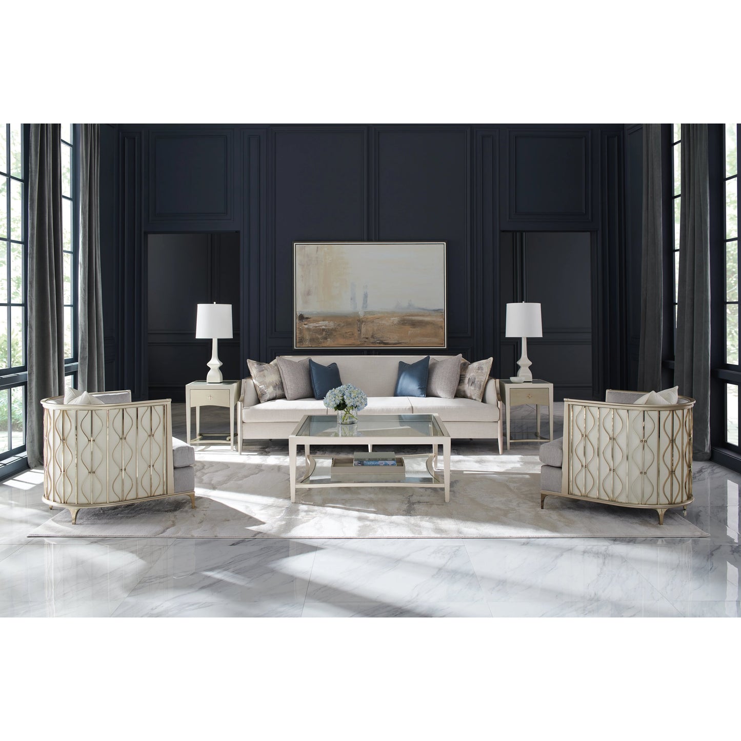 006 SI-1955950 | Lifestyle | X Factor Sofa by Caracole in charcoal, blue, silver and charcoal leaf. Made from birch in a modern style.