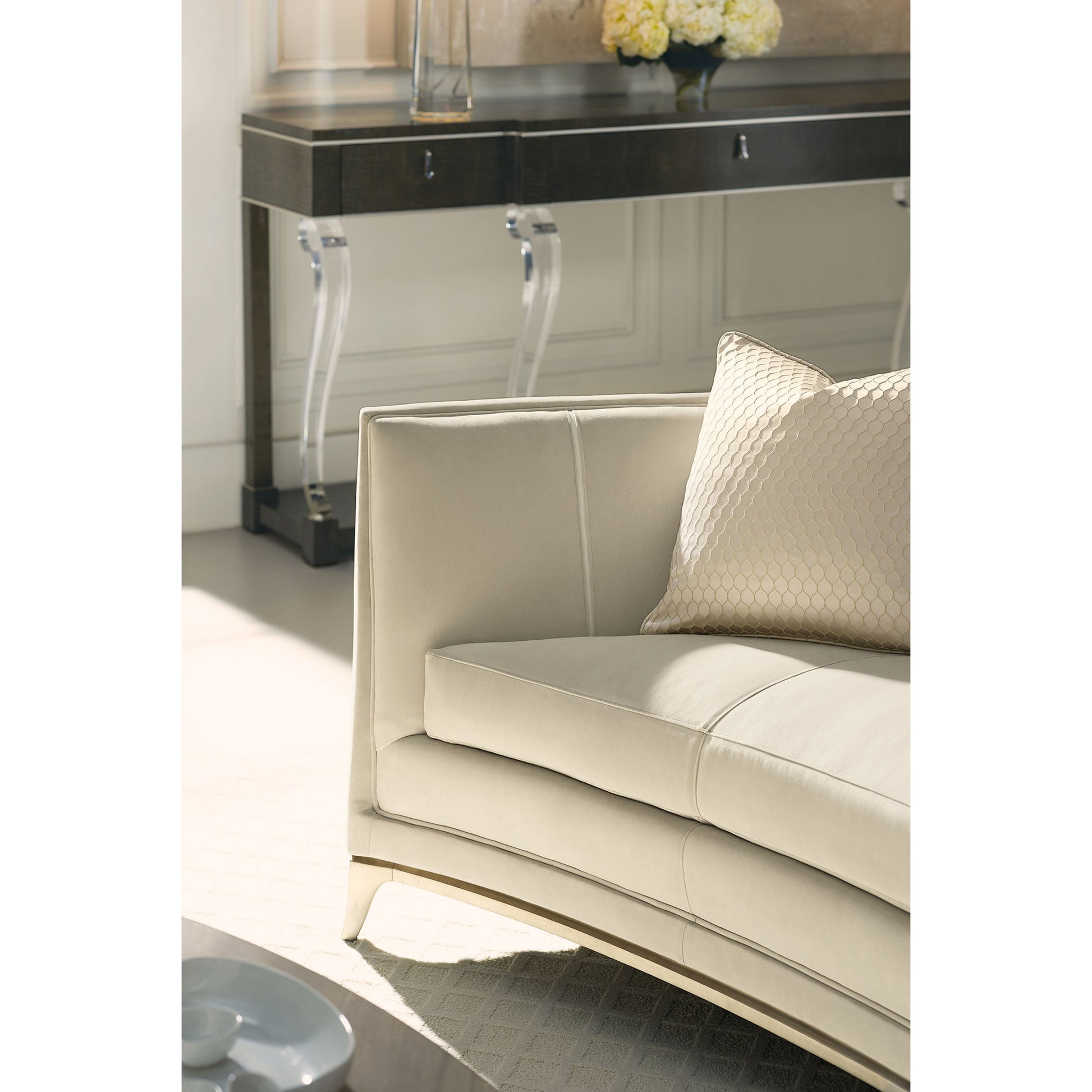 Bend the Rules Sofa by Caracole in silver and soft silver paint. Made from birch in a transitional style.
