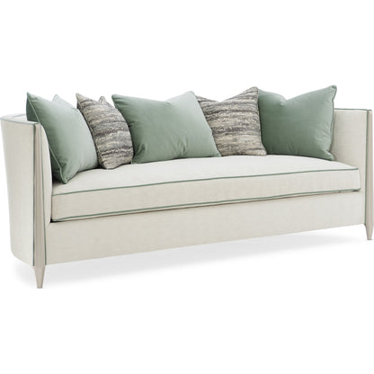 Piping Hot Sofa by Caracole in soft silver. Made from birch in a transitional style.