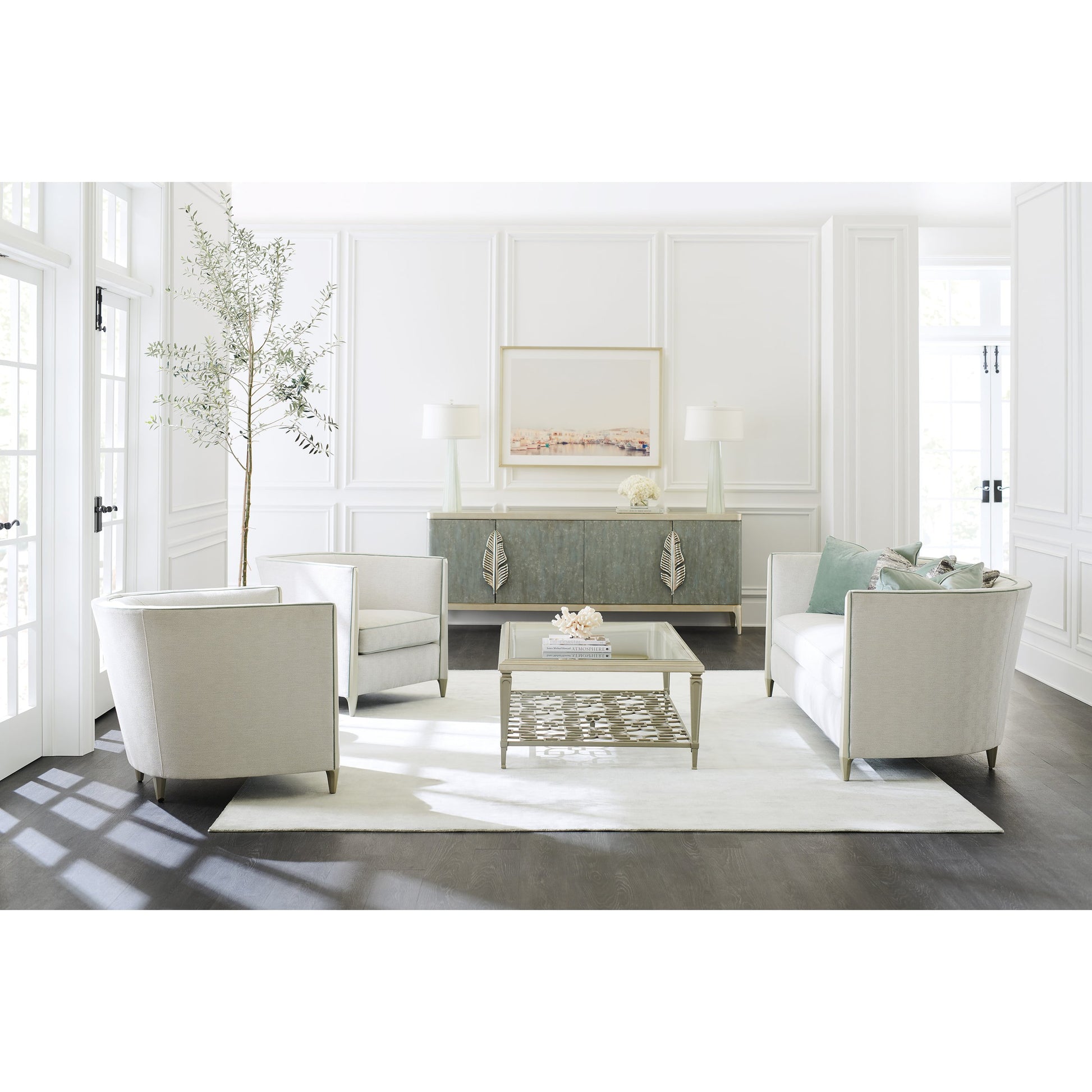 Piping Hot Sofa by Caracole in soft silver. Made from birch in a transitional style.