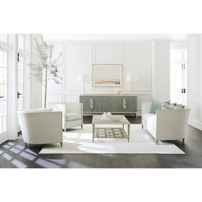 Piping Hot Sofa by Caracole in soft silver. Made from birch in a transitional style.