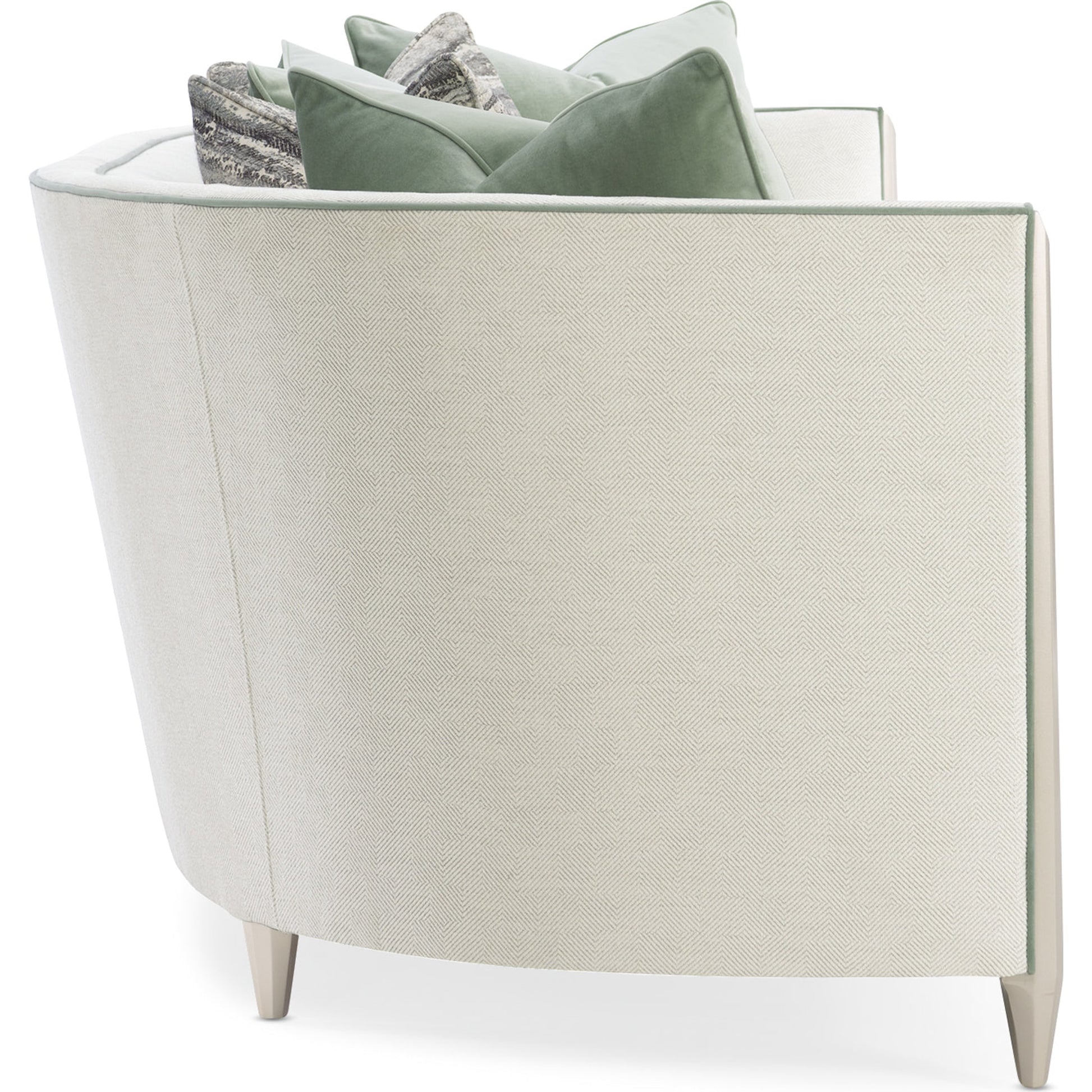 Piping Hot Sofa by Caracole in soft silver. Made from birch in a transitional style.