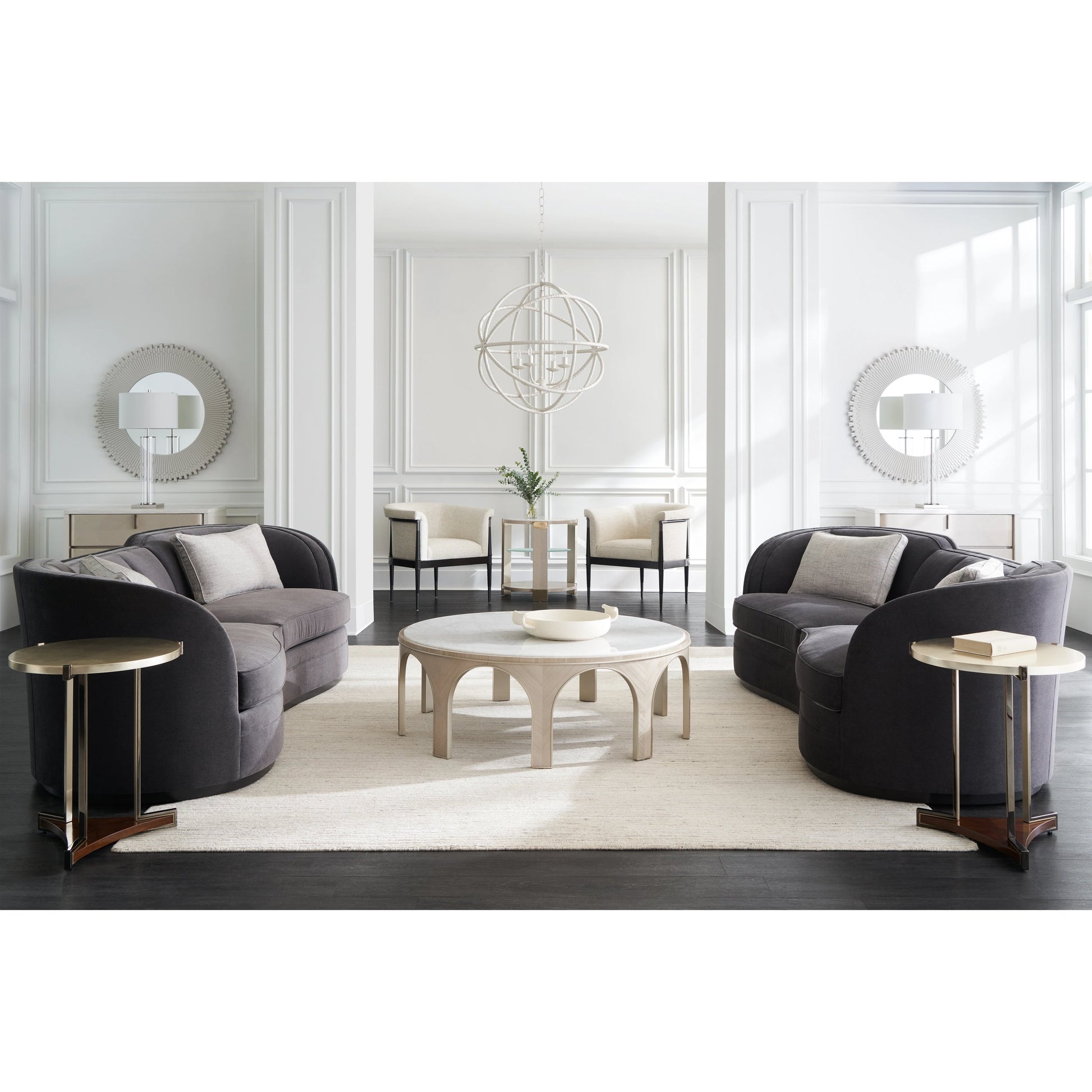 Eclipse Sofa by Caracole in dark chocolate, charcoal, grey, ivory and charcoal, dark chocolate. Made from birch in a modern style.