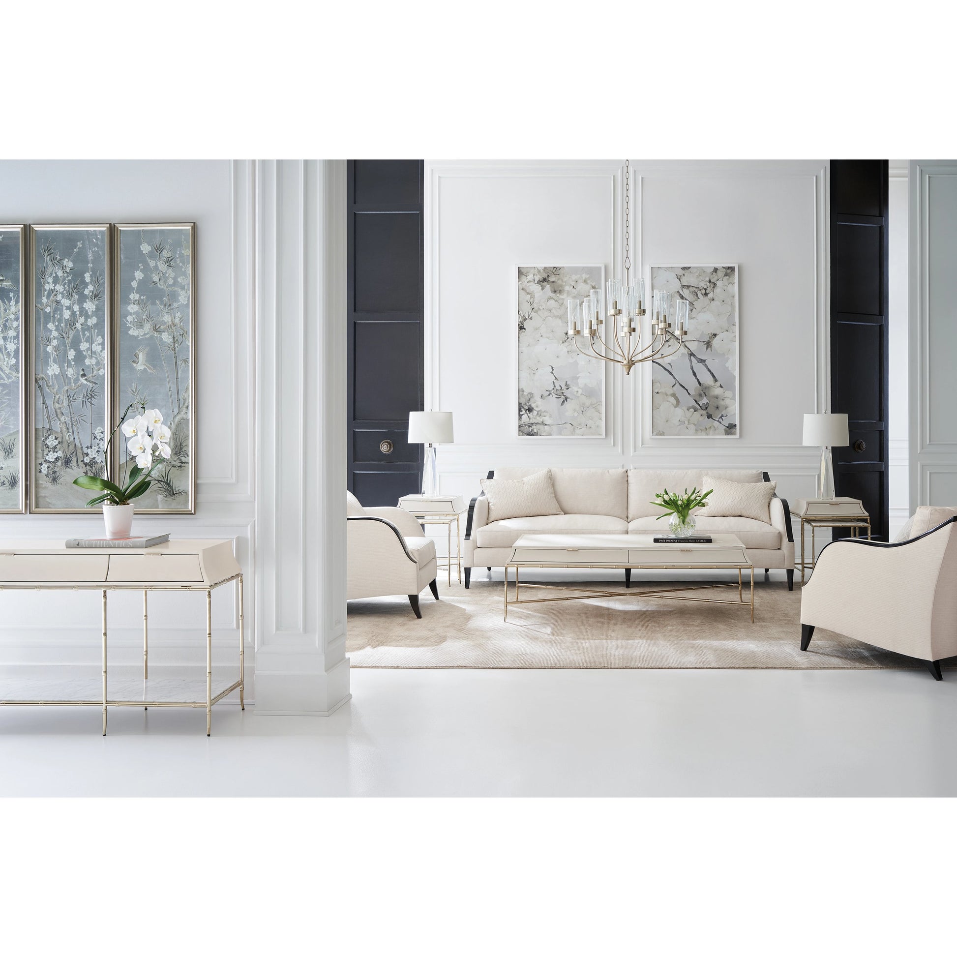 Pitch Perfect Sofa by Caracole in cream and chocolate truffle. Made from birch in a modern style.