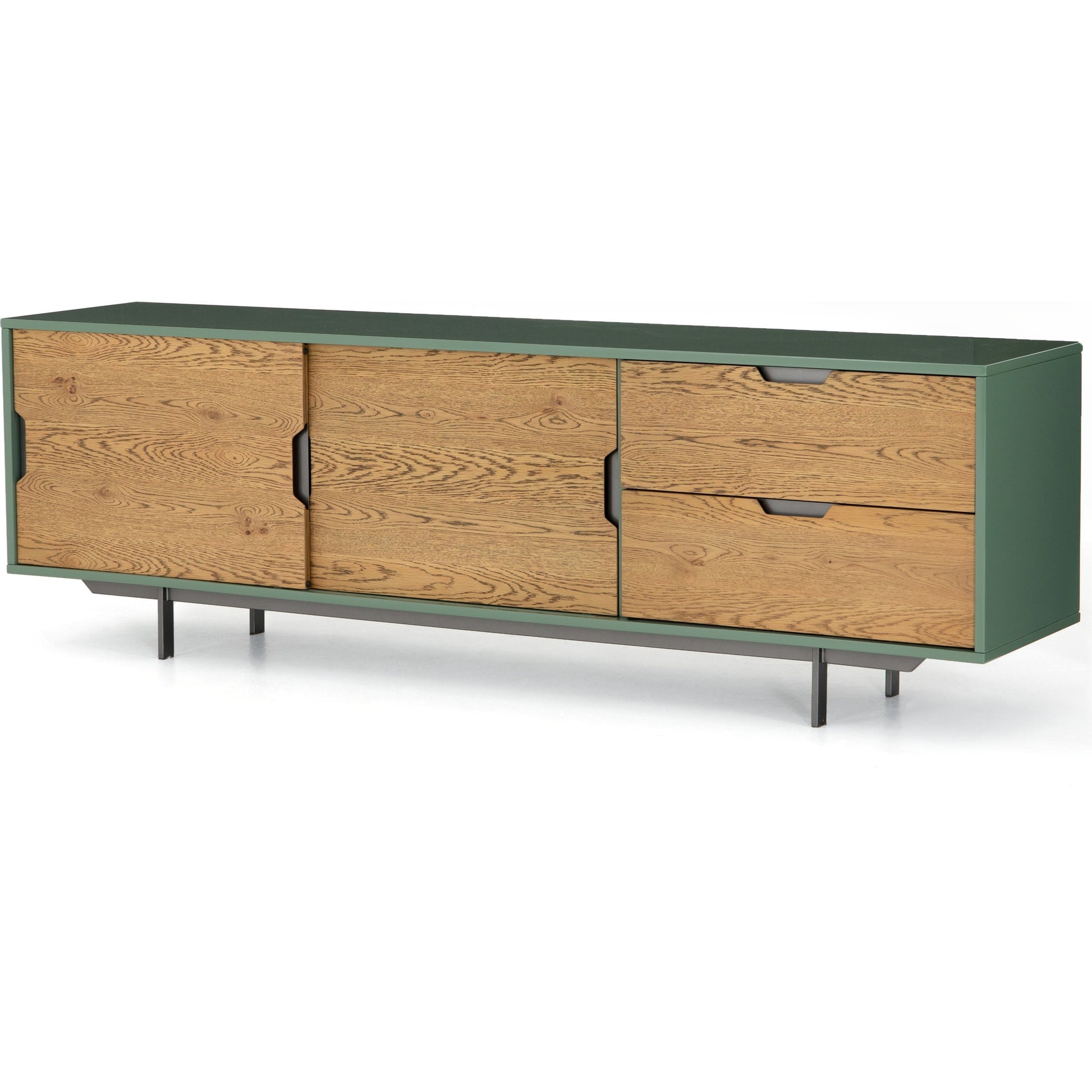 Tucker Media Console by Four Hands in walnut, oil rubbed bronze. Made from walnut veneer, iron in a modern style.