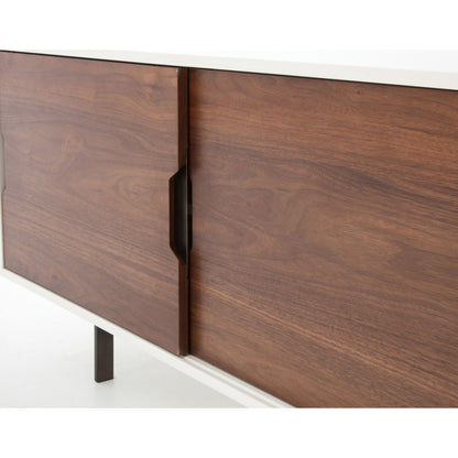 Tucker Media Console by Four Hands in walnut, oil rubbed bronze. Made from walnut veneer, iron in a modern style.