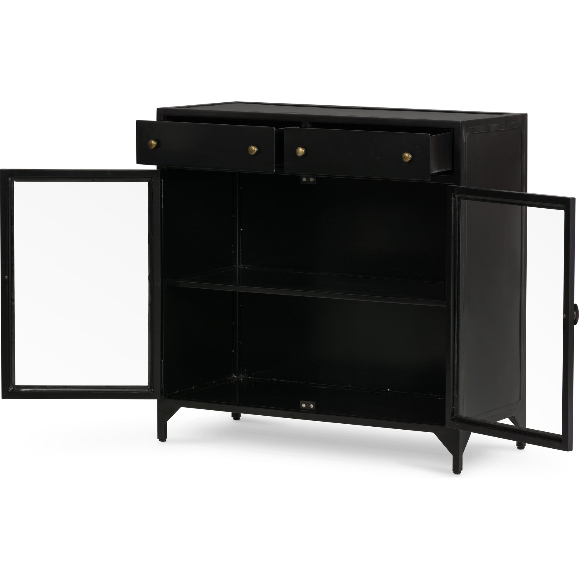 Shadow Box Small Cabinet by Four Hands in black, weathered bronze. Made from iron in a modern style.