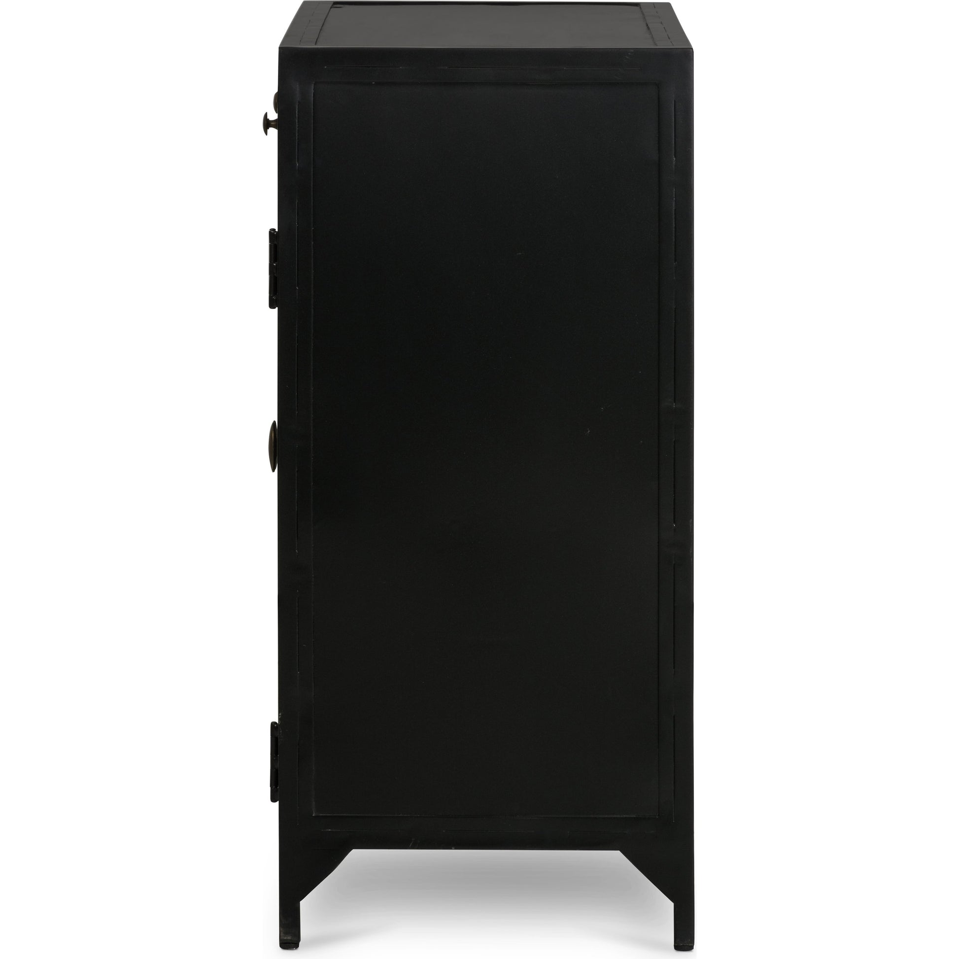 Shadow Box Small Cabinet by Four Hands in black, weathered bronze. Made from iron in a modern style.