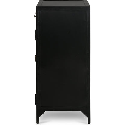 Shadow Box Small Cabinet by Four Hands in black, weathered bronze. Made from iron in a modern style.