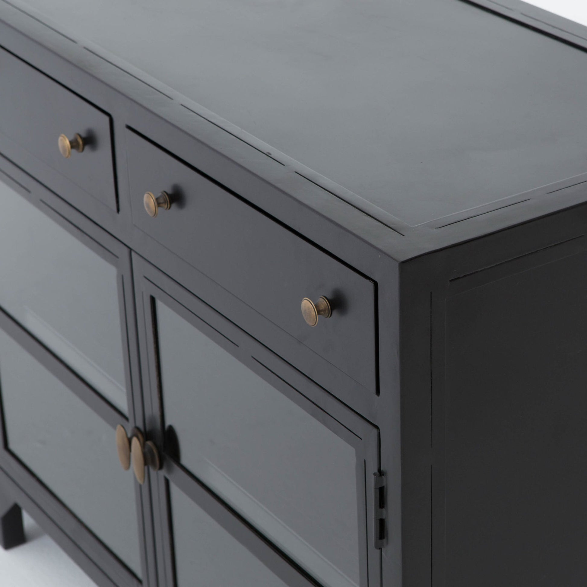 Shadow Box Media Console by Four Hands in black. Made from iron in a modern style.