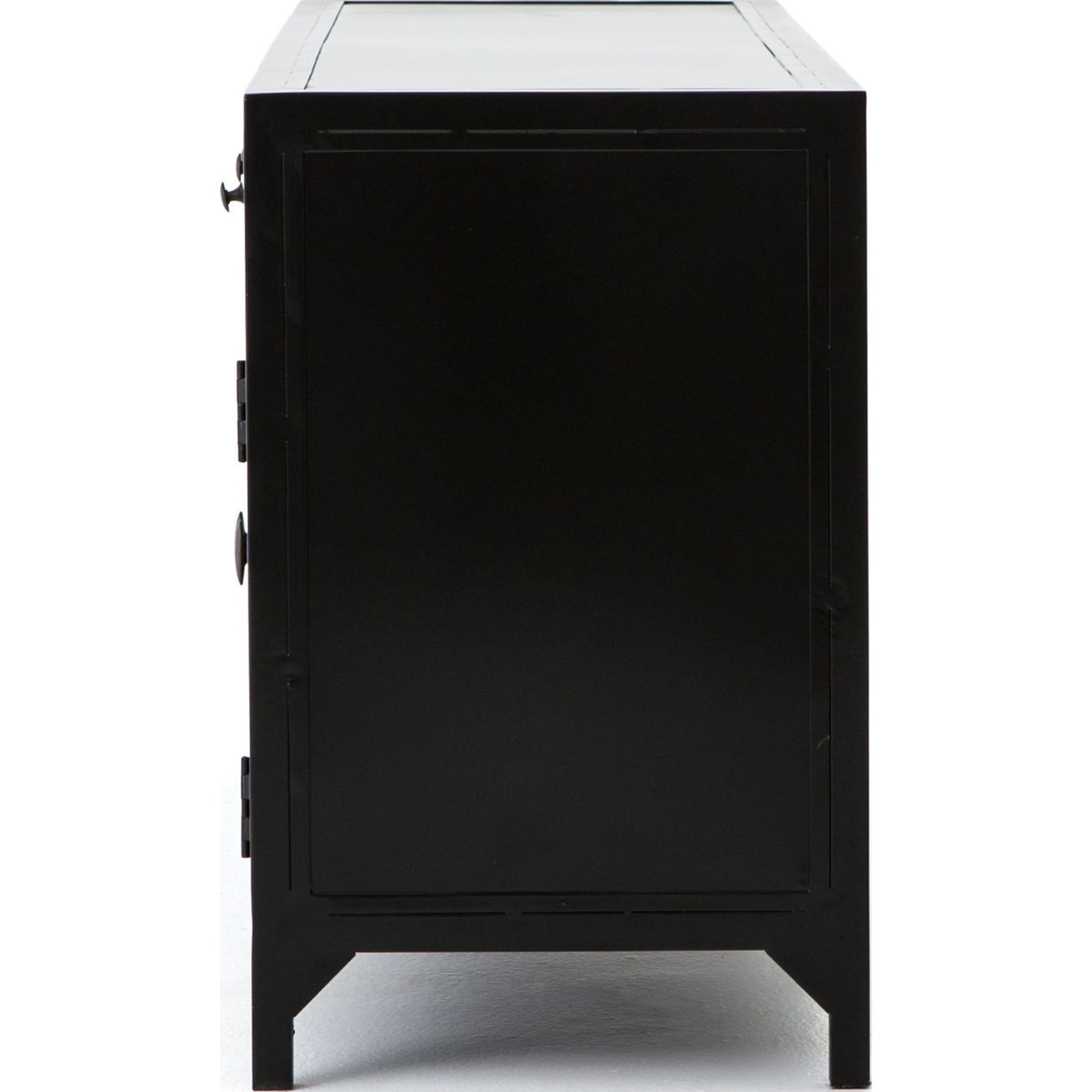Shadow Box Media Console by Four Hands in black. Made from iron in a modern style.
