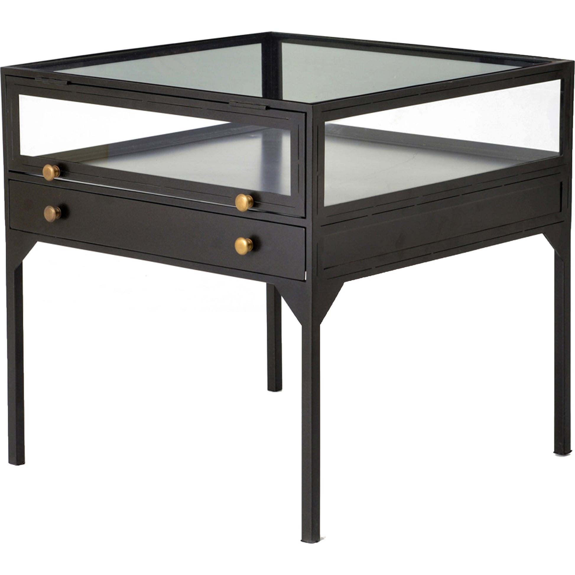 Shadow Box End Table by Four Hands in black. Made from tempered glass, iron in a modern style.
