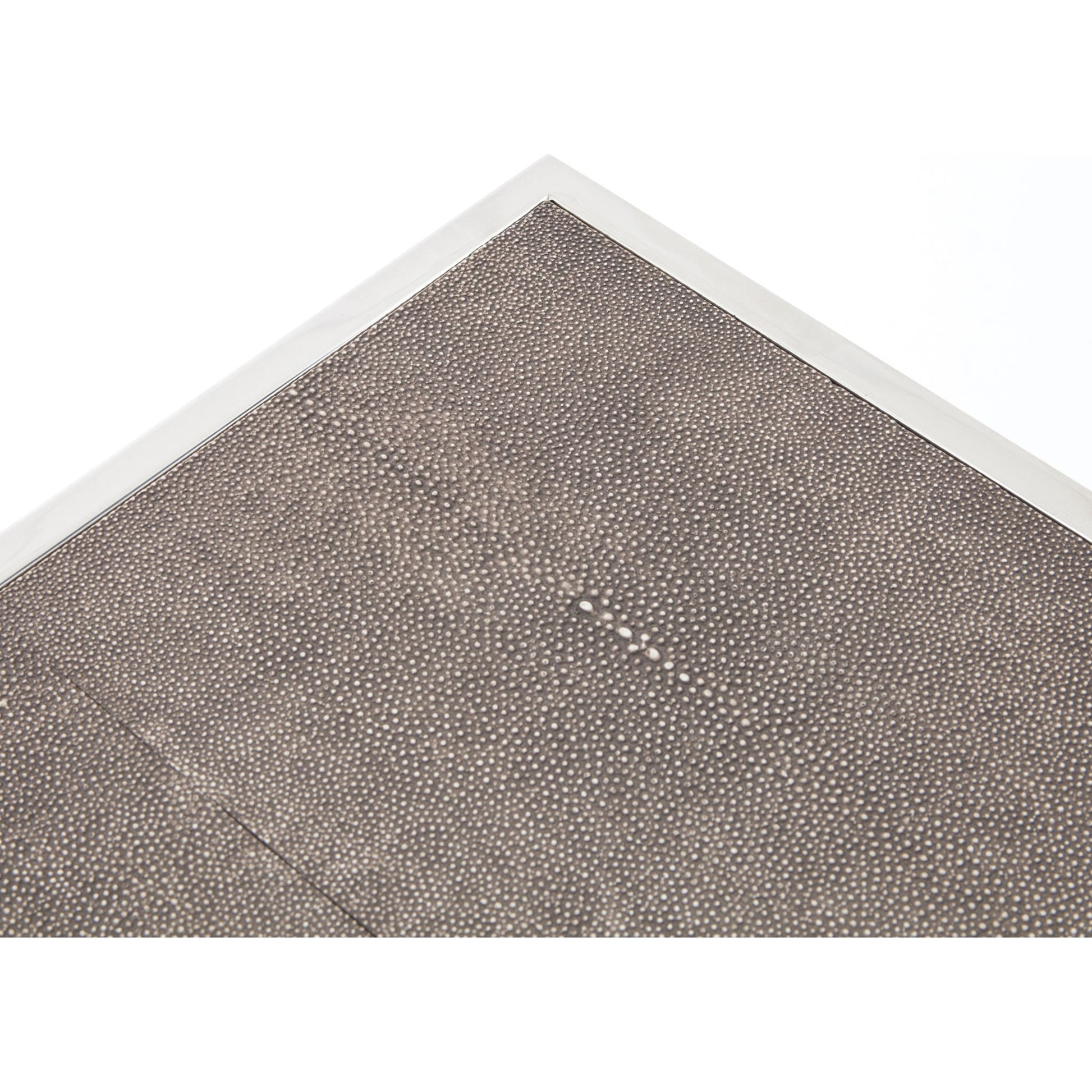 Shagreen Bedside Table by Four Hands in gray and antique brass, gray shagreen. Made from faux shagreen, iron in a modern style.