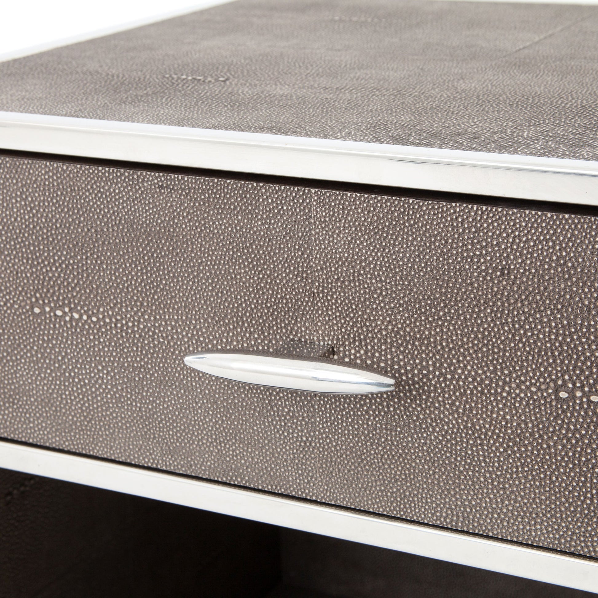 Shagreen Bedside Table by Four Hands in gray and antique brass, gray shagreen. Made from faux shagreen, iron in a modern style.