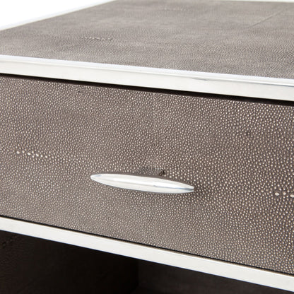 Shagreen Bedside Table by Four Hands in gray and antique brass, gray shagreen. Made from faux shagreen, iron in a modern style.