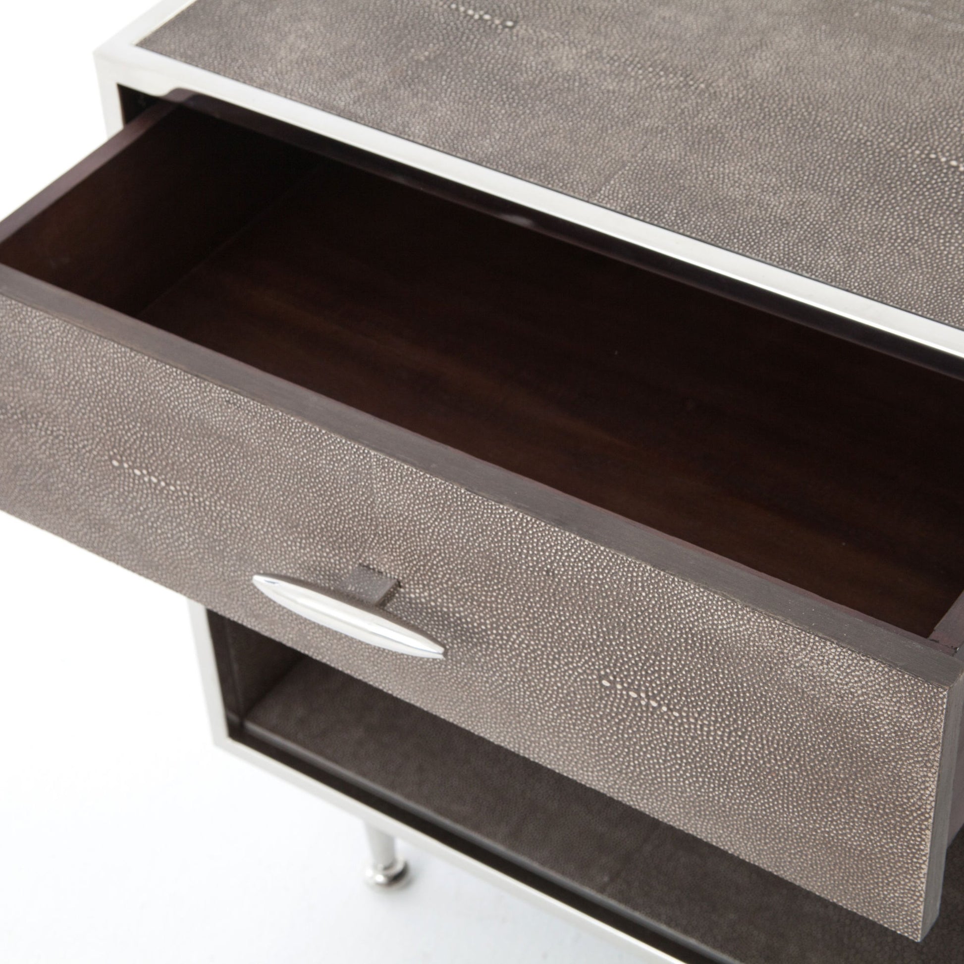 Shagreen Bedside Table by Four Hands in gray and antique brass, gray shagreen. Made from faux shagreen, iron in a modern style.