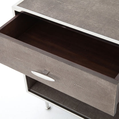 Shagreen Bedside Table by Four Hands in gray and antique brass, gray shagreen. Made from faux shagreen, iron in a modern style.