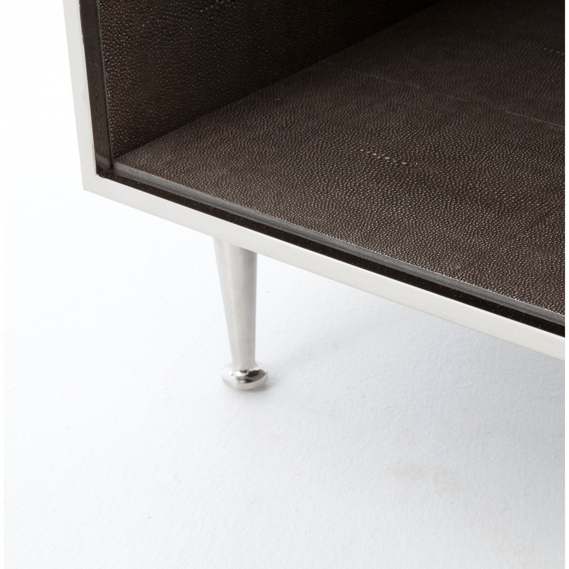 Shagreen Bedside Table by Four Hands in gray and antique brass, gray shagreen. Made from faux shagreen, iron in a modern style.