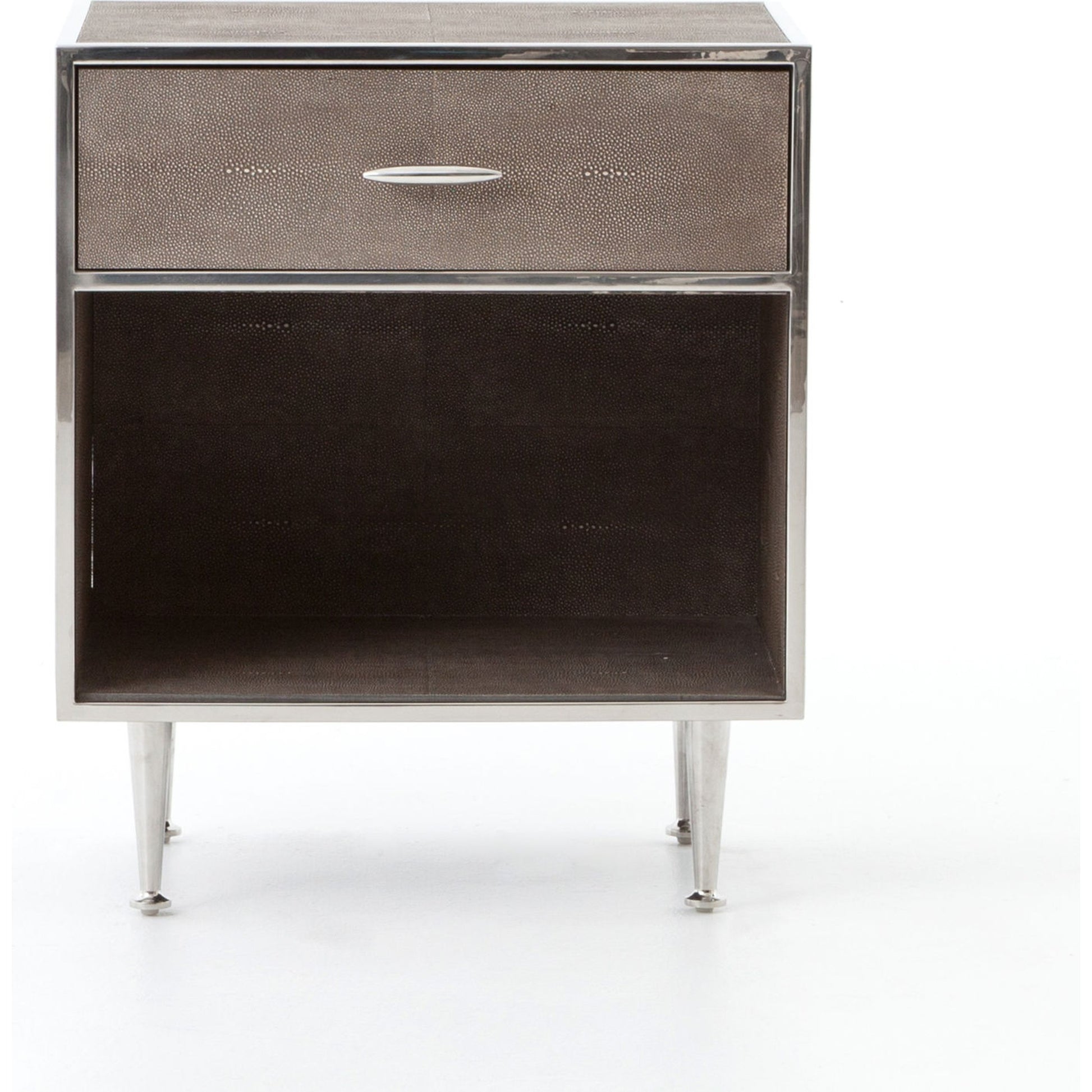 Shagreen Bedside Table by Four Hands in gray and antique brass, gray shagreen. Made from faux shagreen, iron in a modern style.