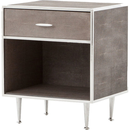 Shagreen Bedside Table by Four Hands in gray and antique brass, gray shagreen. Made from faux shagreen, iron in a modern style.