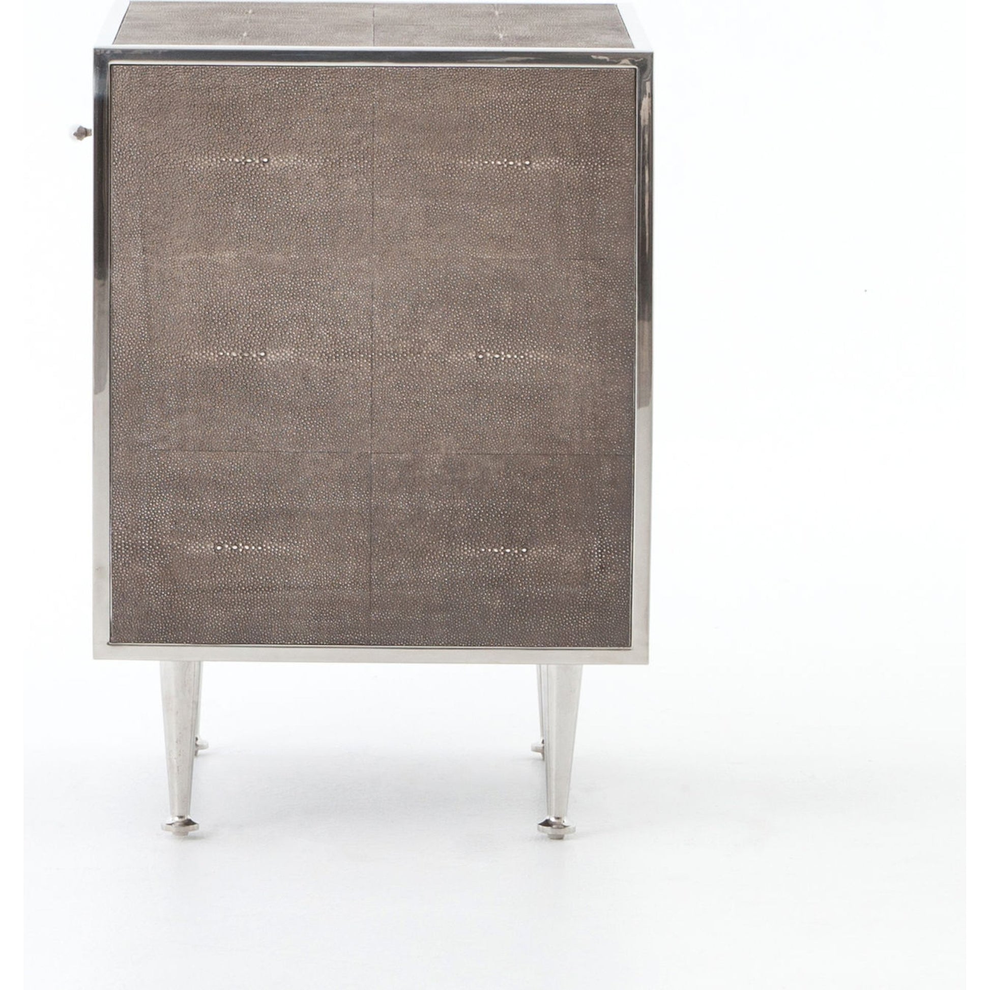 Shagreen Bedside Table by Four Hands in gray and antique brass, gray shagreen. Made from faux shagreen, iron in a modern style.