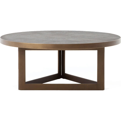Shagreen Coffee Table by Four Hands in antique brass, grey shagreen and grey. Made from faux shagreen, iron in a modern style.