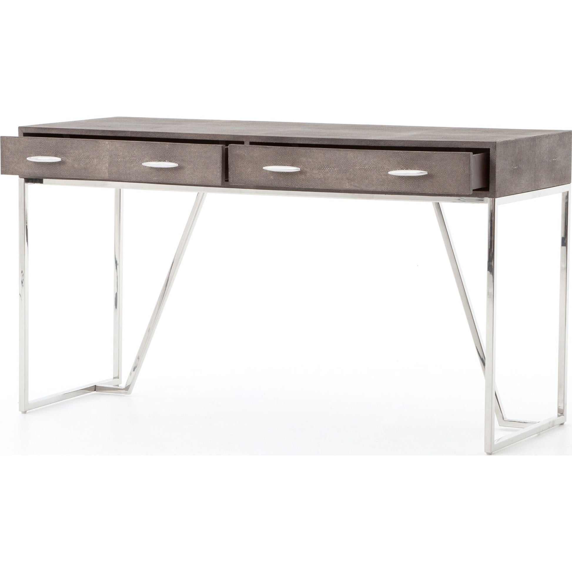 Shagreen Desk by Four Hands in grey shagreen, antique brass and antique brass. Made from faux shagreen, iron in a modern style.