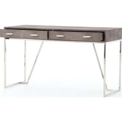 Shagreen Desk by Four Hands in grey shagreen, antique brass and antique brass. Made from faux shagreen, iron in a modern style.