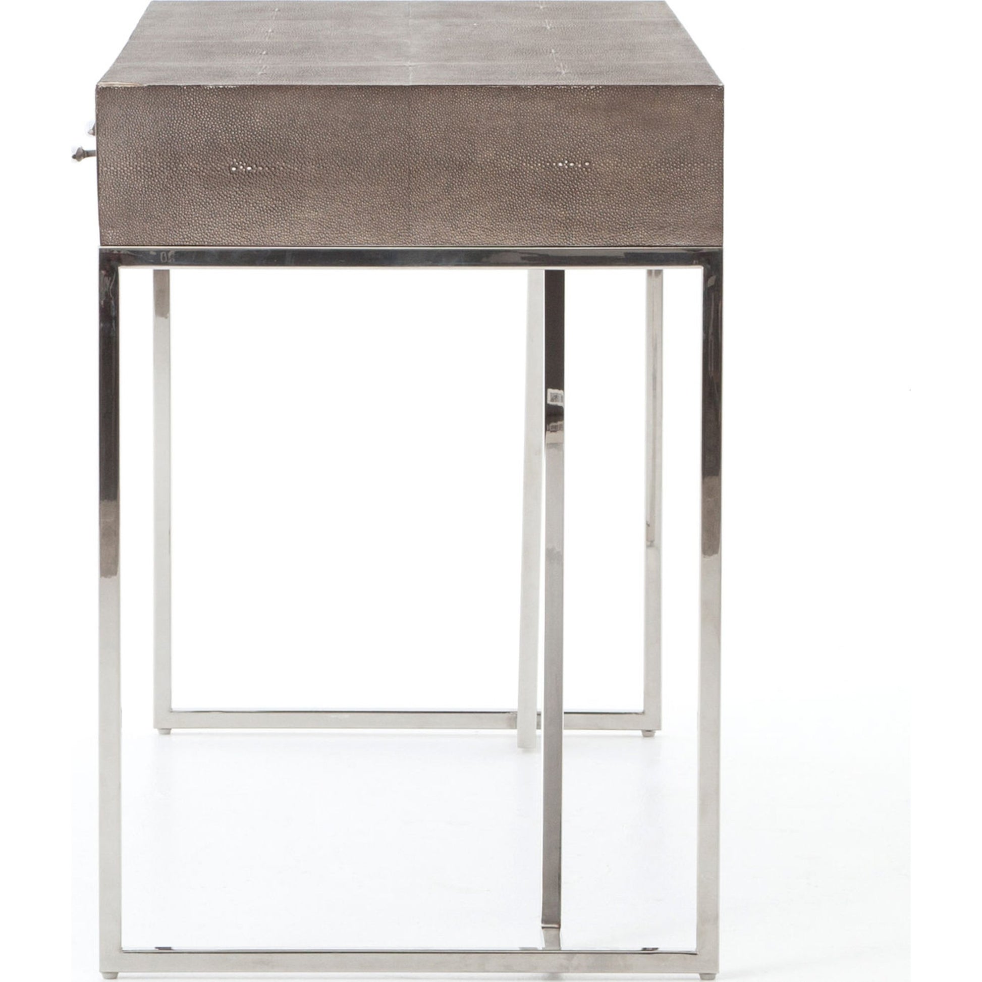 Shagreen Desk by Four Hands in grey shagreen, antique brass and antique brass. Made from faux shagreen, iron in a modern style.