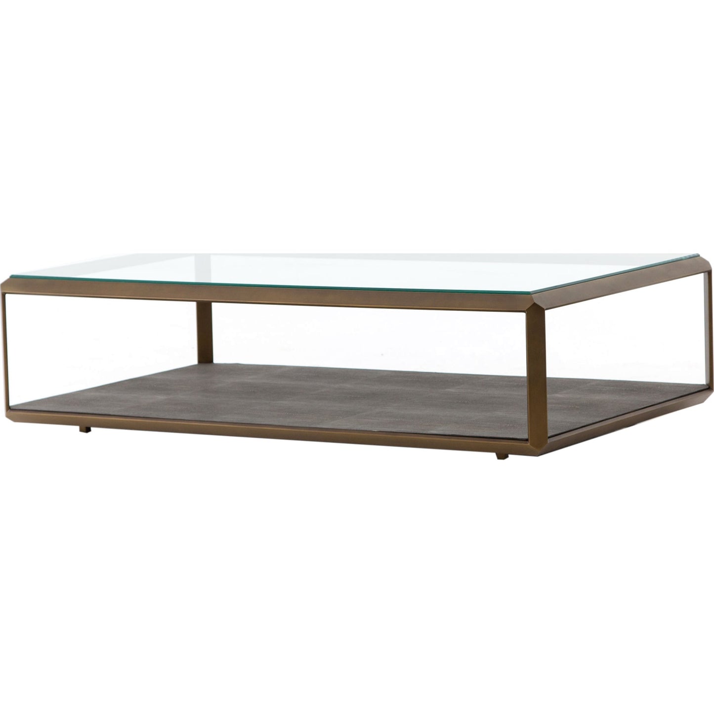 001 SR-369206 | Additional Silo | Shagreen Shadow Box Coffee Table by Four Hands in antique brass, gray shagreen, tempered glass. Made from tempered glass, iron, faux shagreen in a modern style.