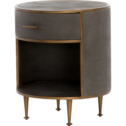 Shagreen Round Nightstand by Four Hands in grey shagreen, antique brass and grey. Made from faux shagreen, iron in a modern style.