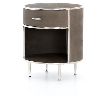 Shagreen Round Nightstand by Four Hands in grey shagreen, antique brass and grey. Made from faux shagreen, iron in a modern style.