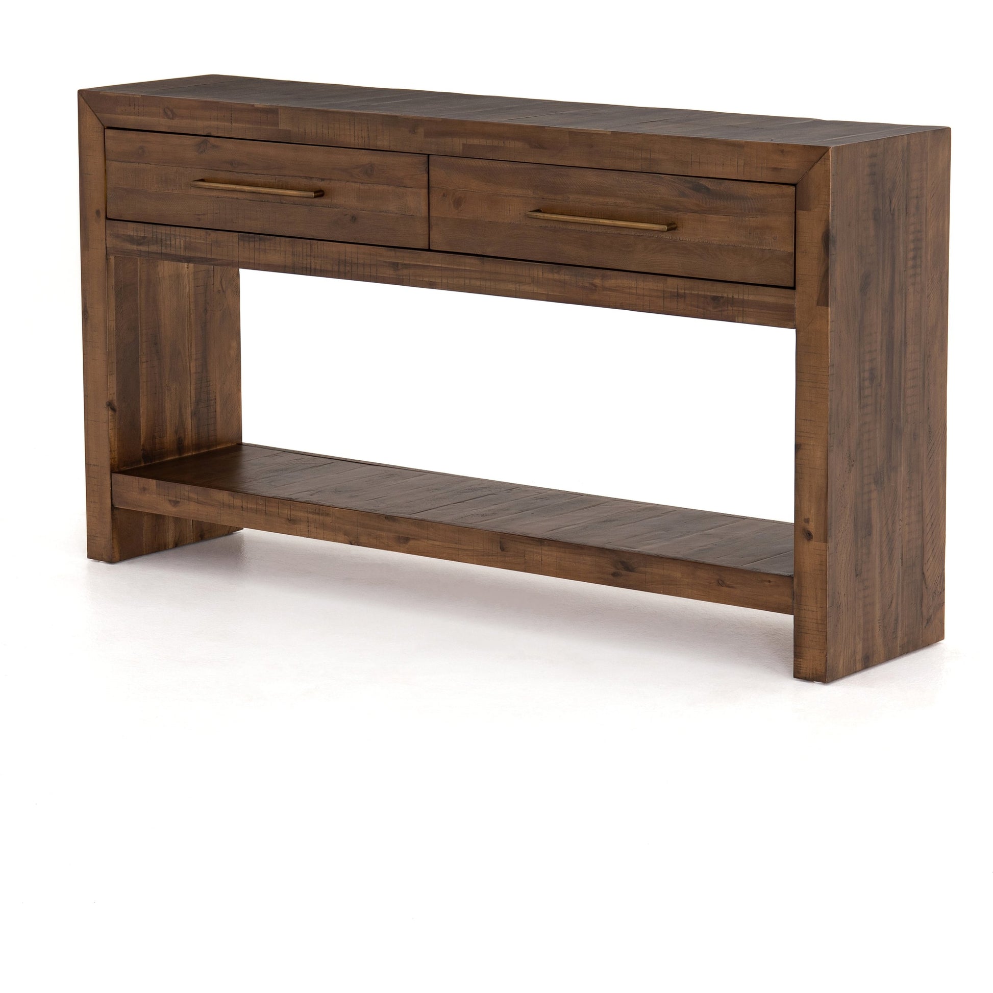 Suki Console Table by Four Hands in burnished black. Made from resawn mixed wood in a modern style.