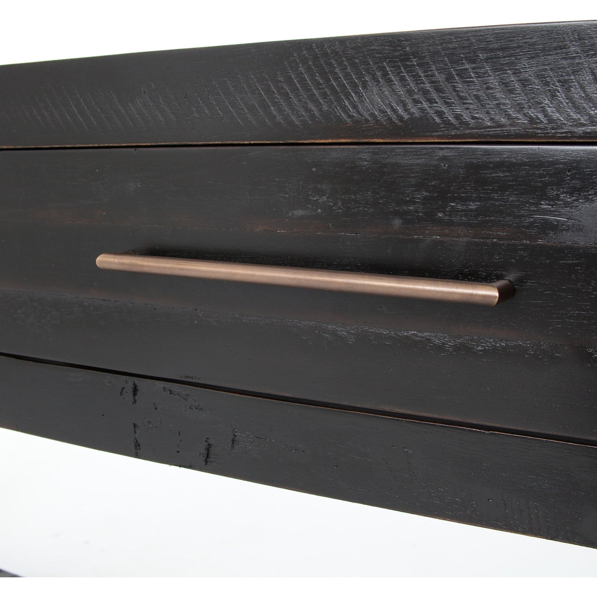 Suki Console Table by Four Hands in burnished black. Made from resawn mixed wood in a modern style.