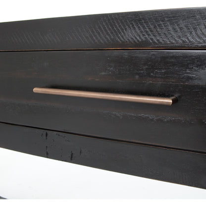 Suki Console Table by Four Hands in burnished black. Made from resawn mixed wood in a modern style.