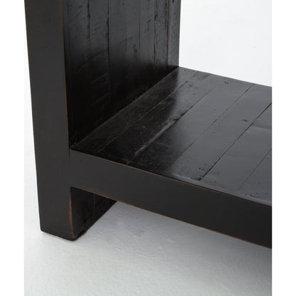 Suki Console Table by Four Hands in burnished black. Made from resawn mixed wood in a modern style.