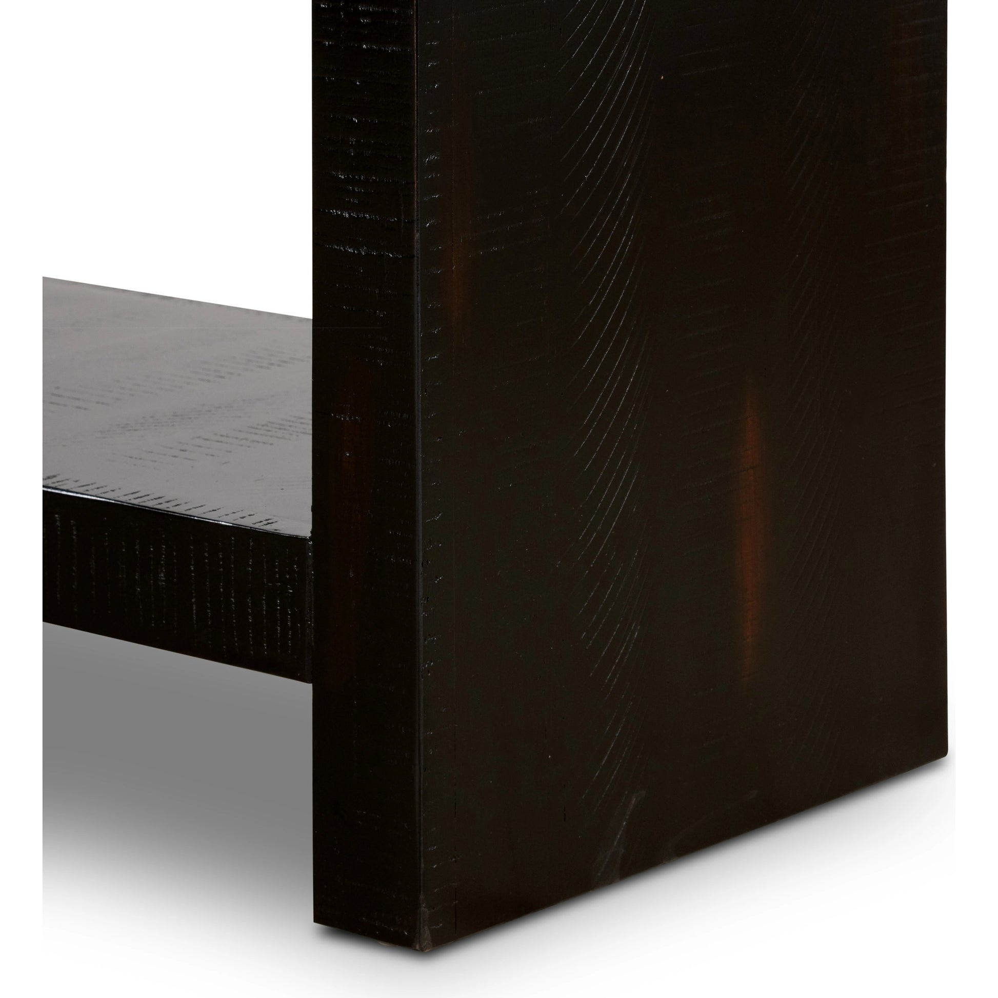Suki Console Table by Four Hands in burnished black. Made from resawn mixed wood in a modern style.